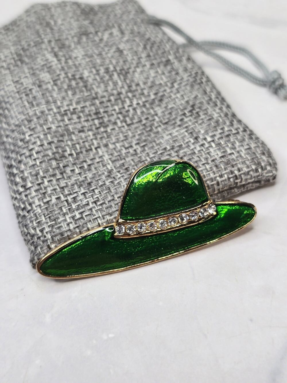 Painted Enamel Embellished Green Hat Brooch